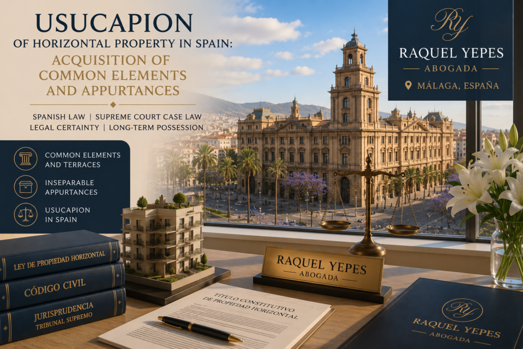 Usucapion of Horizontal Property in Spain: Acquisition of Common Elements and Appurtances 1 Usucapion of horizontal property in Spain Acquisition of Common Elements and Appurtances Raquel Yepes Real Estate Lawyer Málaga Costa del Sol
