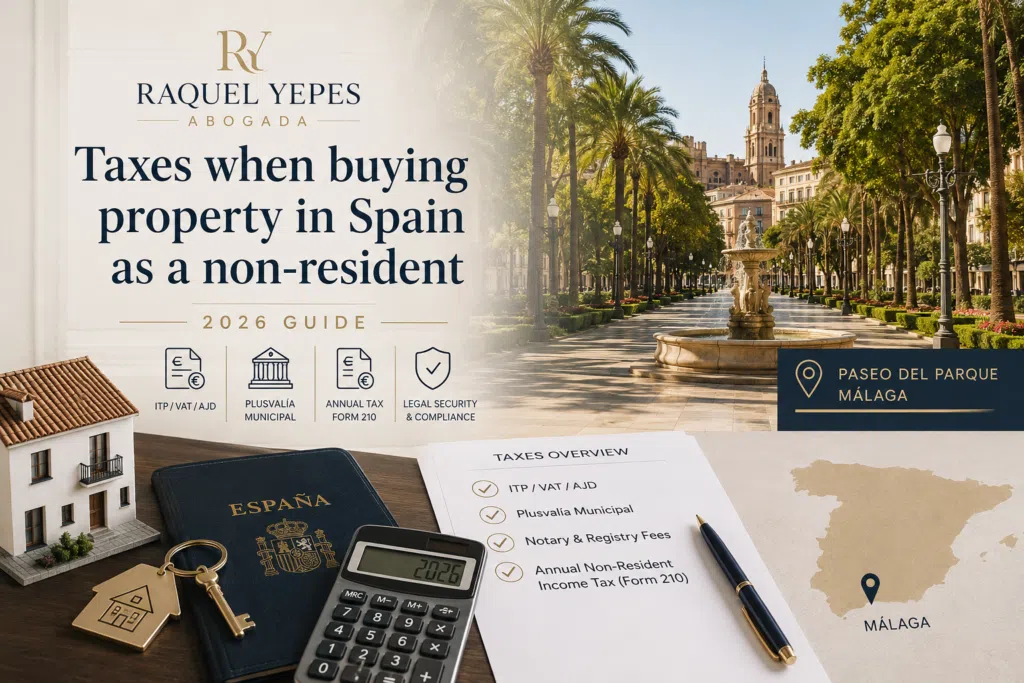 Buying Property in Spain as a Non-Resident: Taxes, Legal Costs and Complete 2026 Guide 1 Taxes when buying property in Spain as a non-resident Raquel Yepes Real Estate Lawyer Málaga Costa del Sol international purchase English-Speaking Lawyer Buying Property in Spain Tax Guide