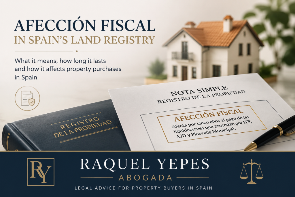 Spanish Land Registry Tax Charge (“Afección Fiscal”): Meaning, Duration and Impact on Property Purchases in Spain 1 Spanish Land Registry tax charge afección fiscal property purchases in Spain Raquel Yepes Real Estate Lawyer in Málaga