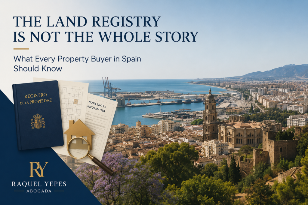 The Land Registry is not the whole story What every property buyer in Spain should know Raquel Yepes Real Estate Lawyer Málaga Costa del Sol English-speaking Lawyer